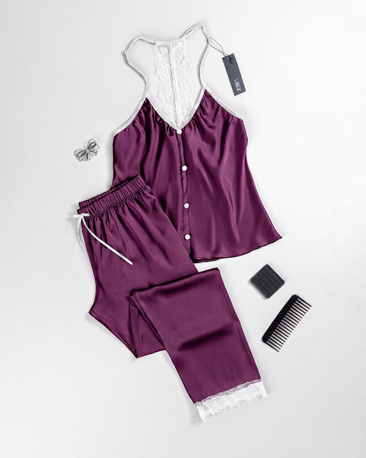 Satin & Lace Pajama Set – 2 Pieces