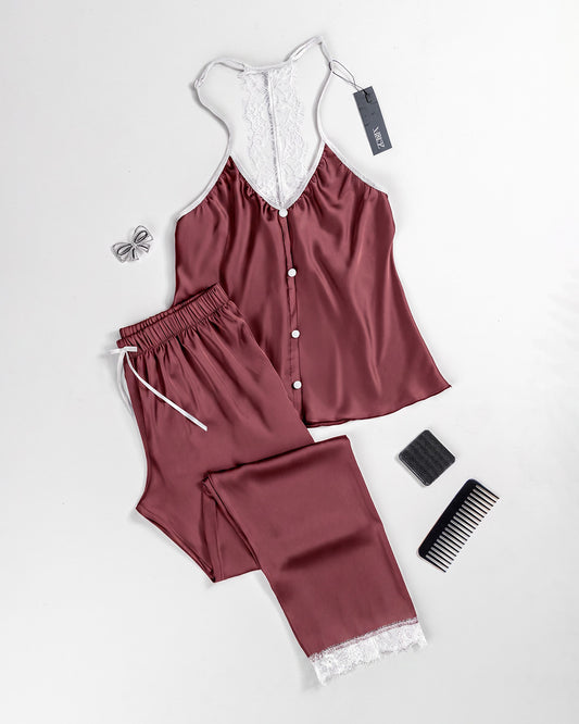 Satin & Lace Pajama Set – 2 Pieces