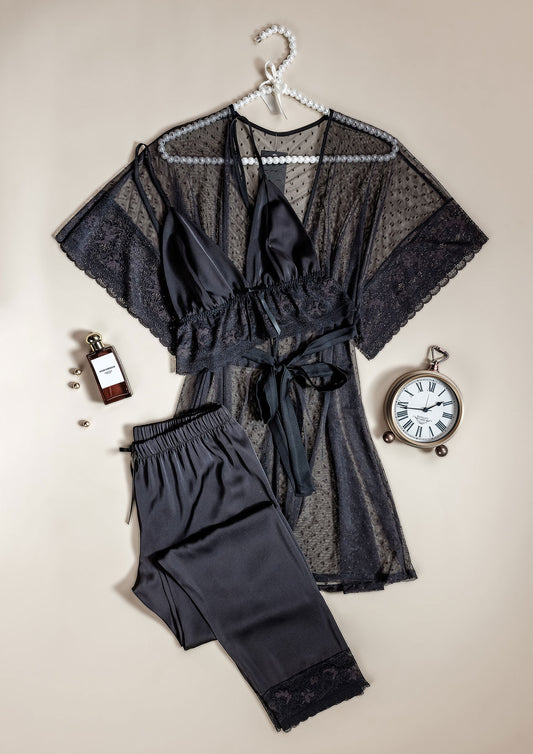 Satin & Lace 3-Piece Pajama Set with Bra