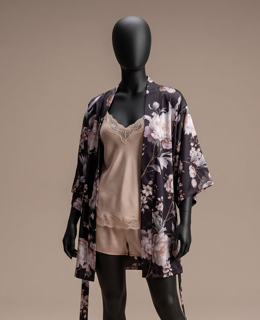 Satin & Lace 4-Piece Pajama Set with Robe