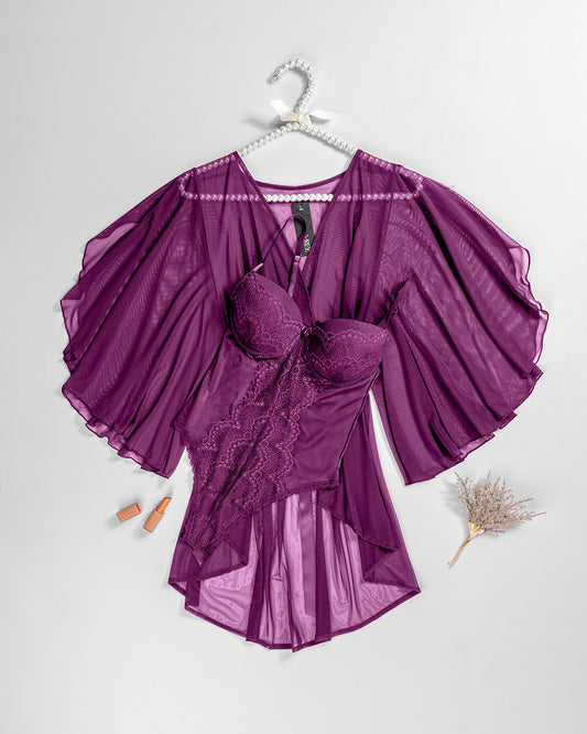 Satin Robe with Lace Teddy Set – Padded Cups