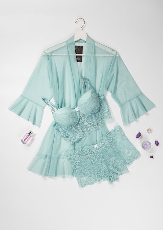 Mesh & Lace Robe Set with Padded Cups