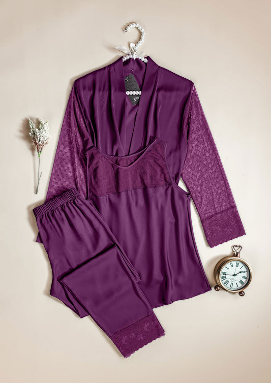 Satin & Lace 3-Piece Pajama Set with Robe