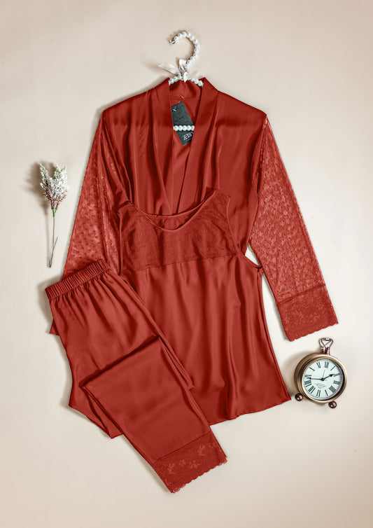 Satin & Lace 3-Piece Pajama Set with Robe