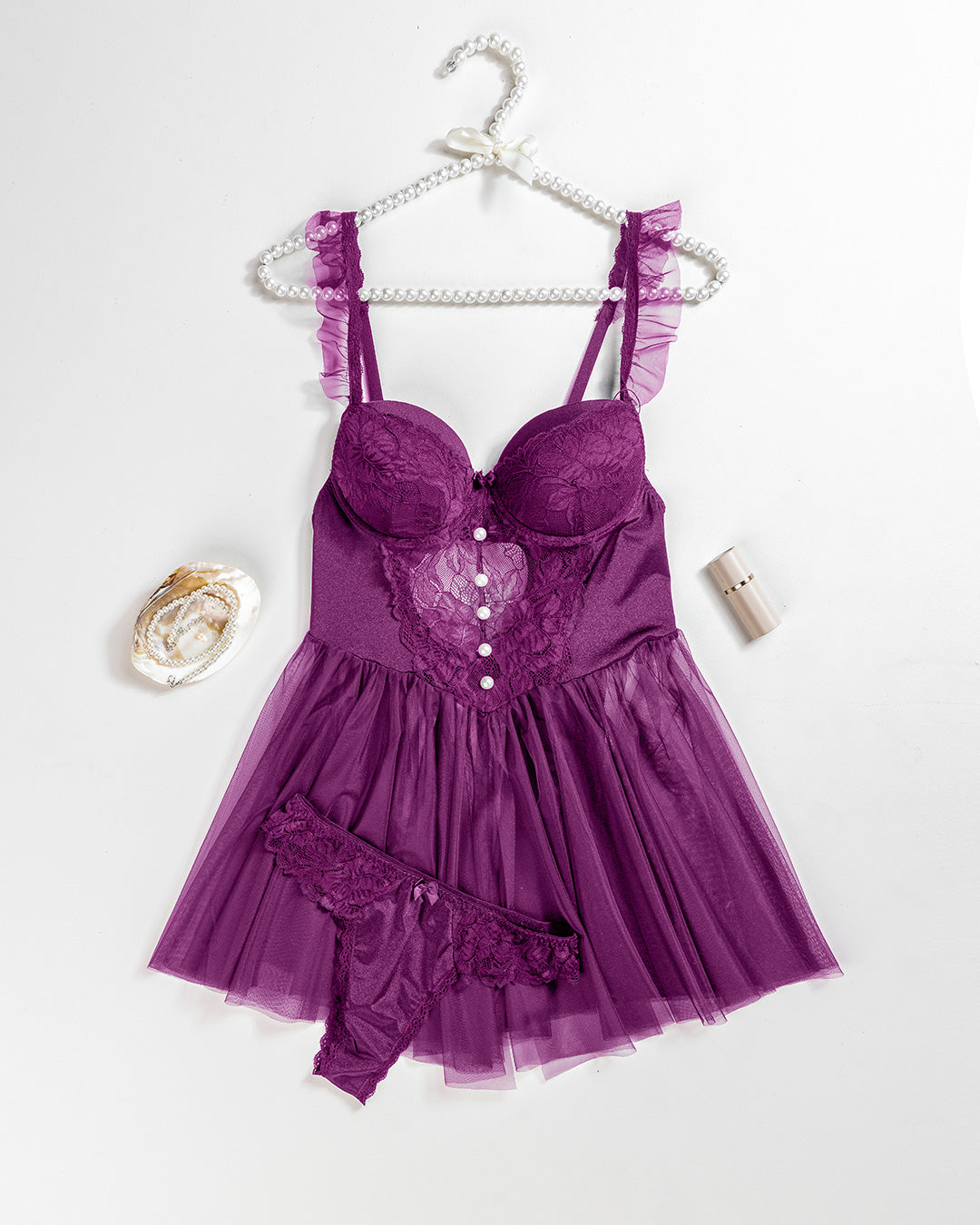 purple lace babydoll dress Mzkdieey Women Lingerie Babydoll Lace Nightgown Mesh Chemise Boudoir Nighty Teddy Lingerie Perspective Temptation Nightdress Purple at Amazon Women's Clothing store
