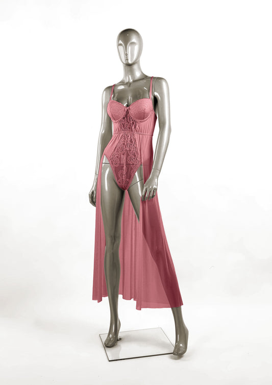 Mesh & Lace Gown Teddy with Padded Cups