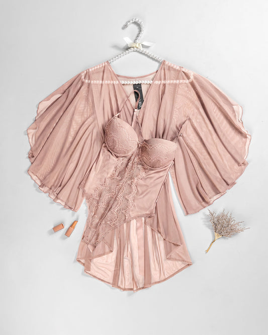 Satin Robe with Lace Teddy Set – Padded Cups
