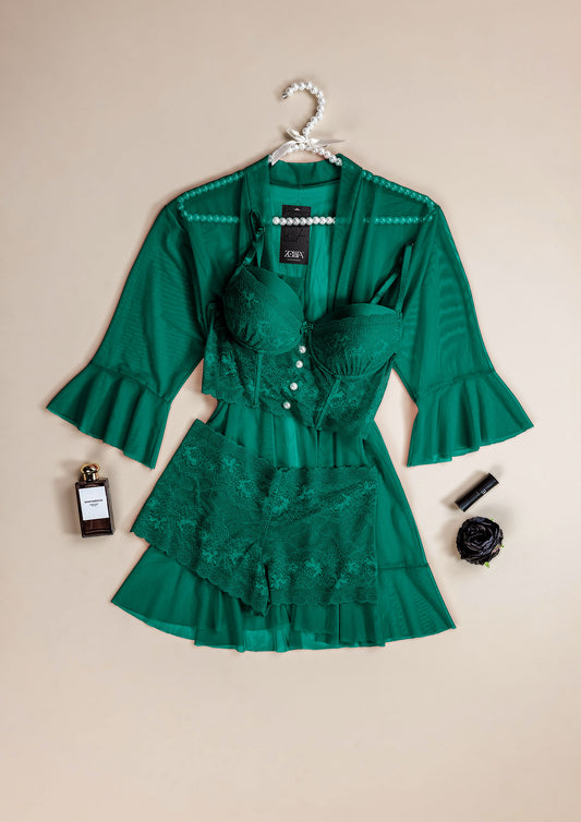 Mesh & Lace Robe Set with Padded Cups