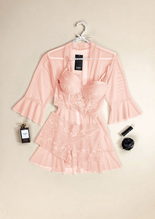 Mesh & Lace Robe Set with Padded Cups