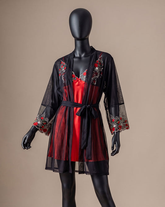 Satin & Lace Robe Set with Padded Cups